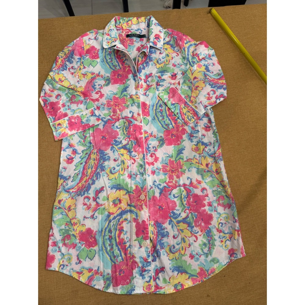 Lauren Ralph Lauren Floral Paisley Cotton Sleep Shirt Nightgown Pink Blue‎ Med